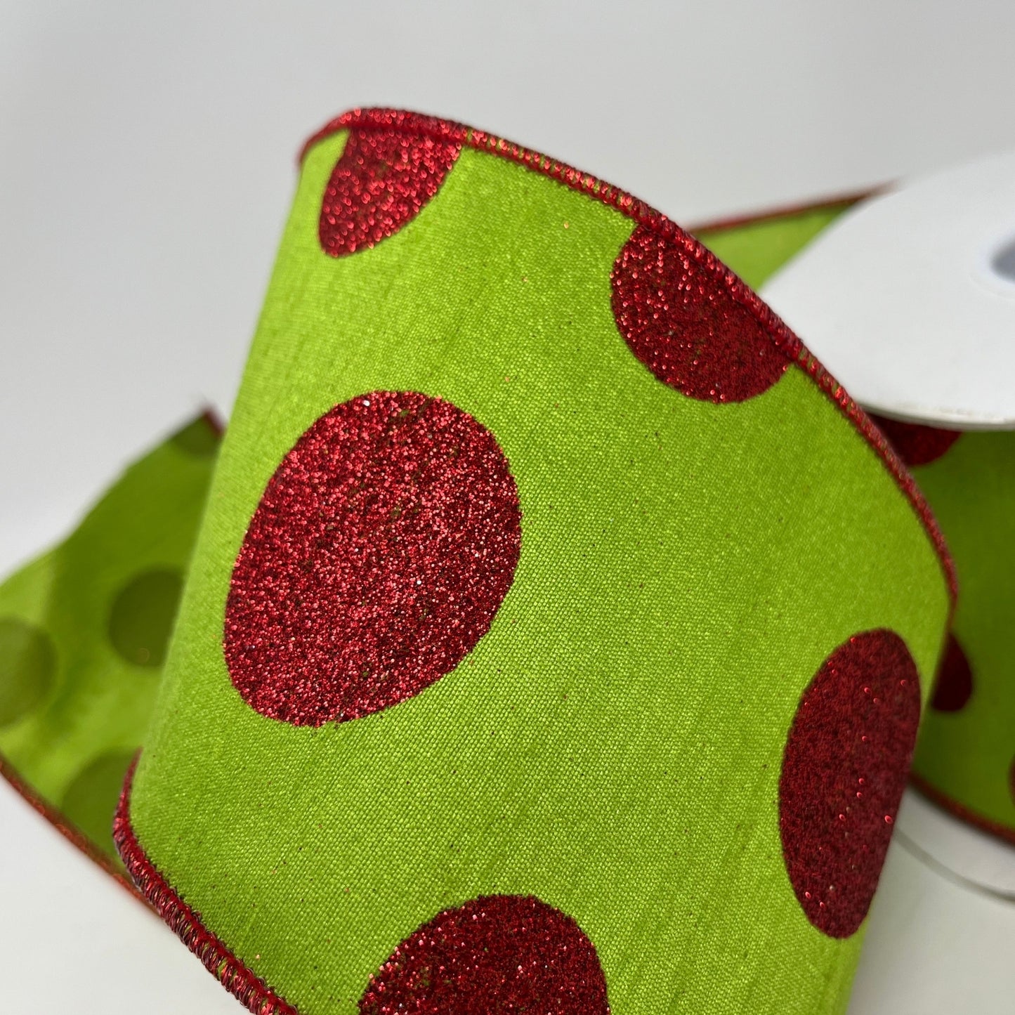 Apple Green Faux Dupioni Ribbon w/ Red Glitter Dots 4" x 10yd | IR