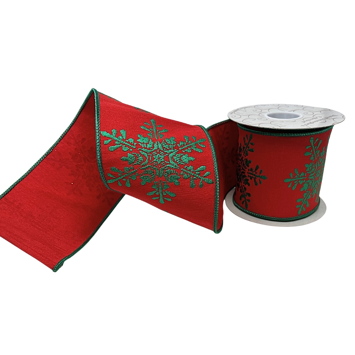 4" x 10 yd Red Faux Dupioni with Emerald Snowflake | IR