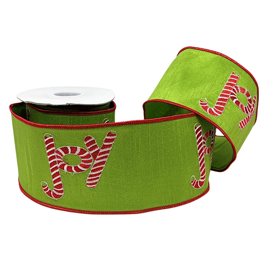 Green Faux Dupioni Ribbon with Candy Striped "Joy" 4" x 10yd