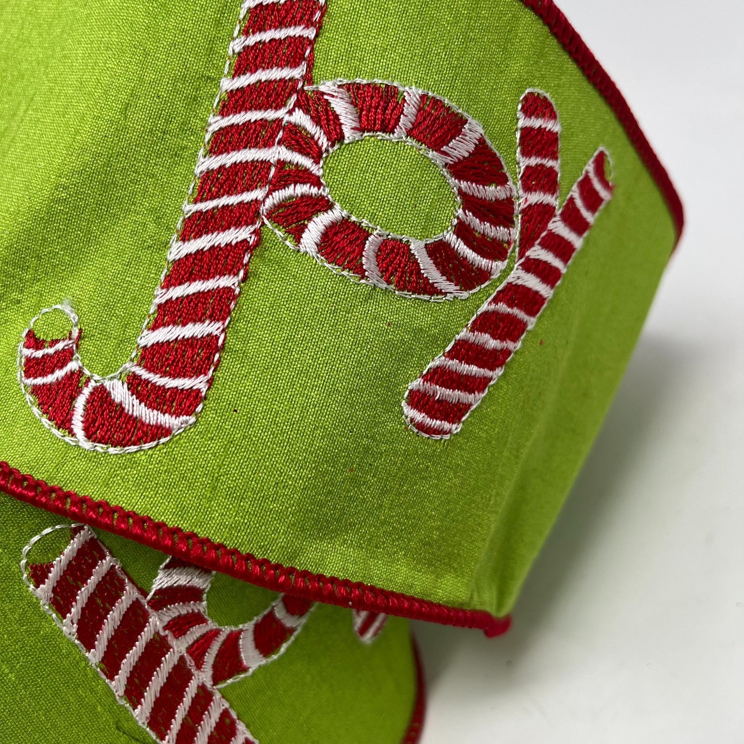 Green Faux Dupioni Ribbon with Candy Striped "Joy" 4" x 10yd