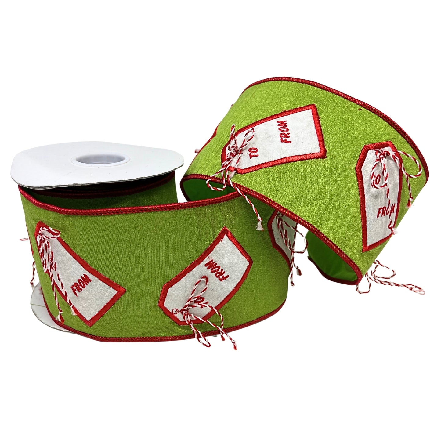 Green Faux Dupioni Ribbon with Red and White Christmas Tags 4" x 10yd
