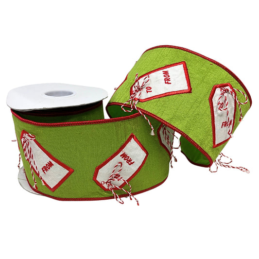 Green Faux Dupioni Ribbon with Red and White Christmas Tags 4" x 10yd