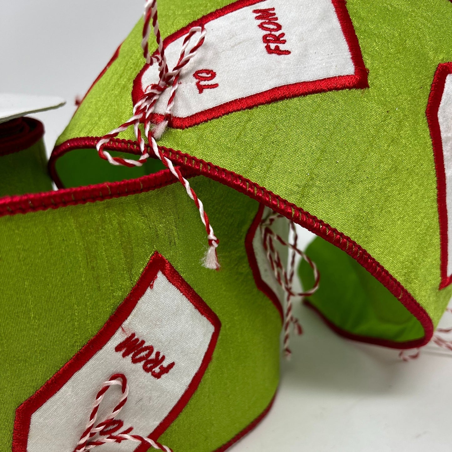 Green Faux Dupioni Ribbon with Red and White Christmas Tags 4" x 10yd