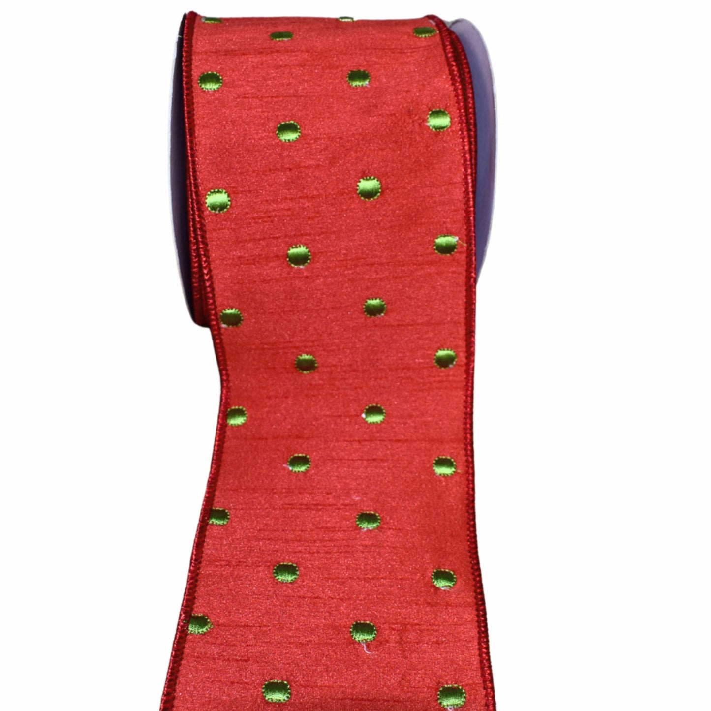 Red Faux Dupioni Ribbon w/ Green Embroidery Dots 4" x 10yd | IR