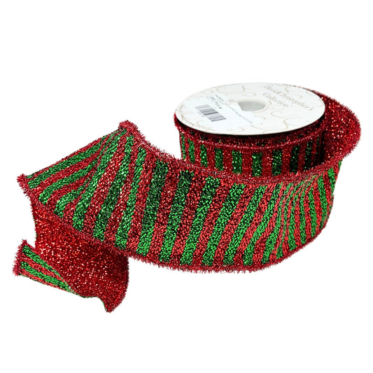 Red/Green Striped Tinsel Ribbon with Red Tinsel Edge 4" x 10YD | IRC22