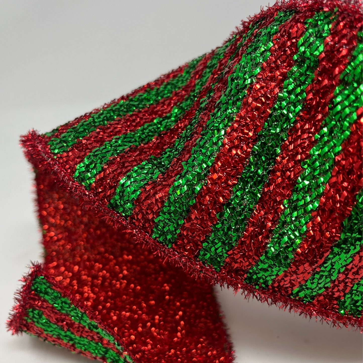 Red/Green Striped Tinsel Ribbon with Red Tinsel Edge 4" x 10YD | IRC22