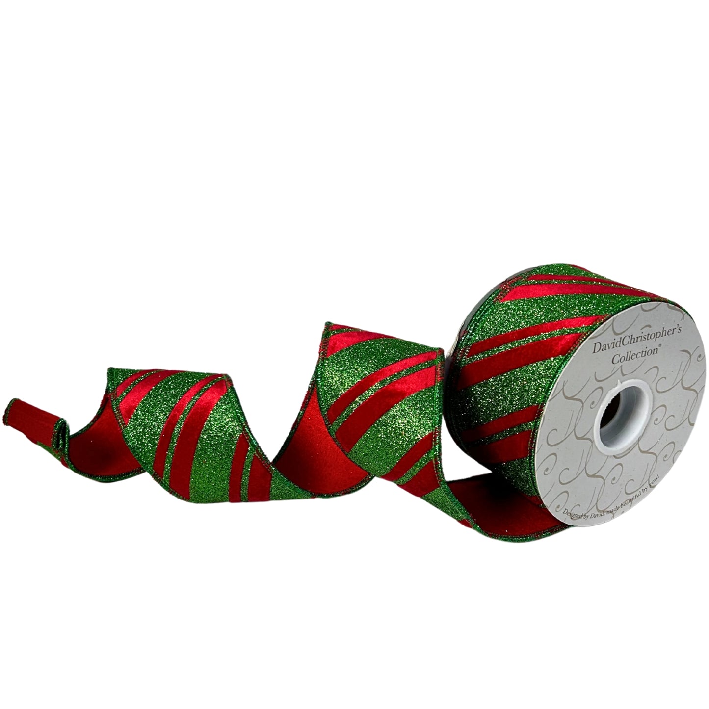 Red Velvet w/ Green Glitter Diagonal Stripe Ribbon 2.5” x 10yd | IR
