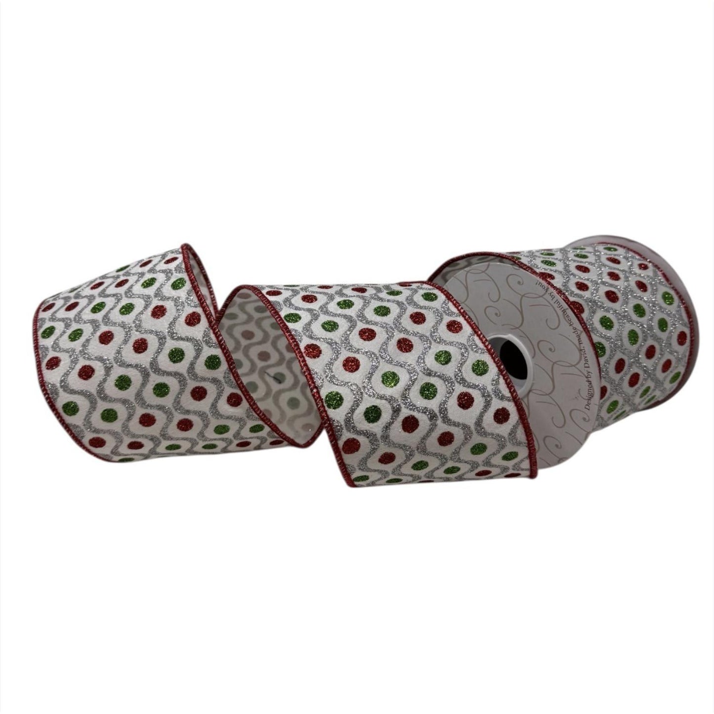 Peppermint Twist Red/Green Dot Silver Ribbon 4" x 10yd.
