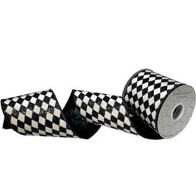 White Velvet with Black Glitter Diamond Pattern Ribbon 4”X10YD | IR