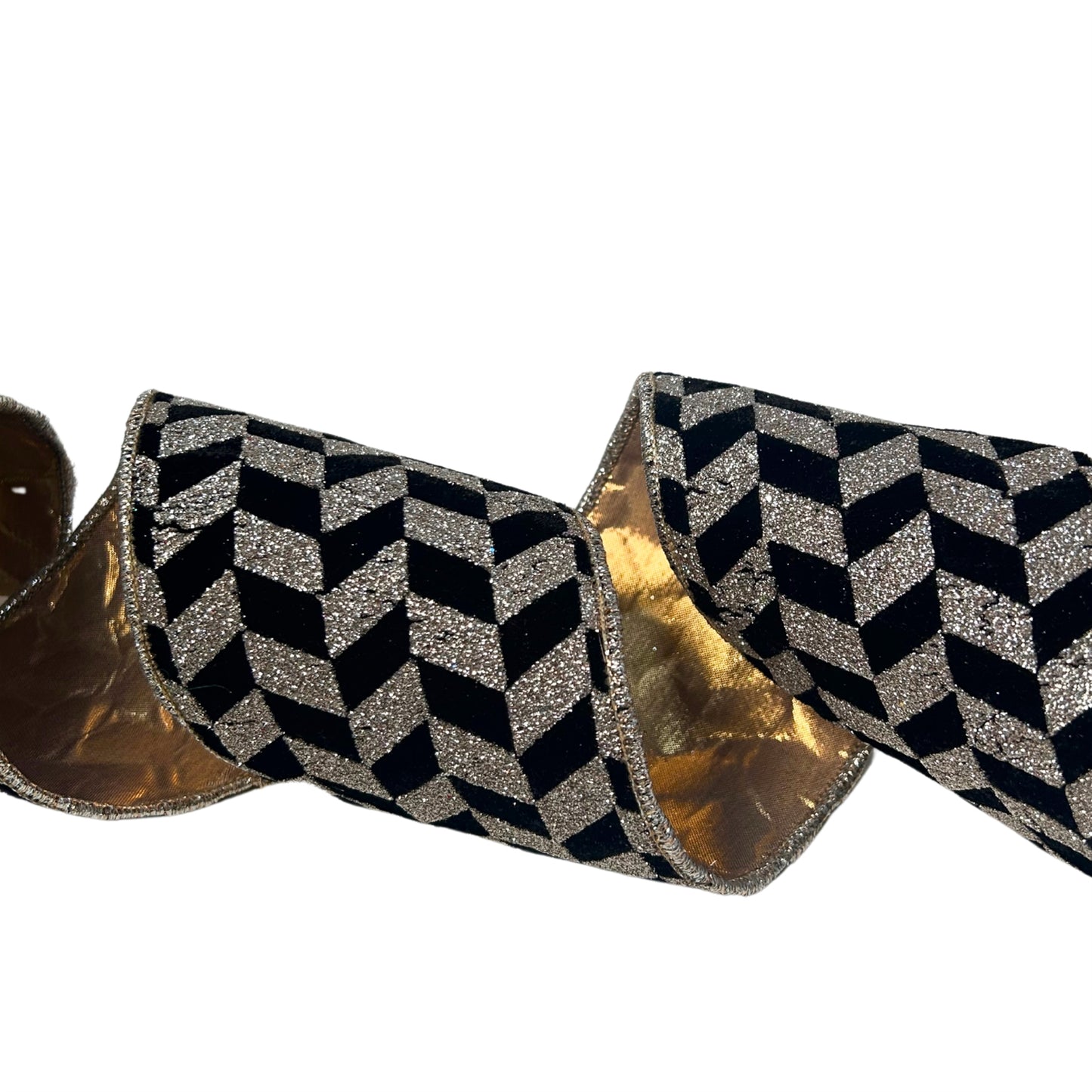 Black Velvet w/ Champagne Glitter Blocks Ribbon 4” x 10yd | IR