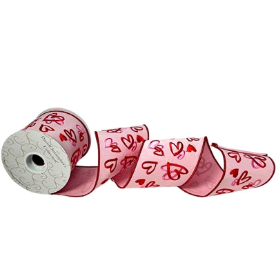 Pink Faux Dupioni w/ Embroidered Pink and Red Hearts Ribbon 4”X10YD| IR