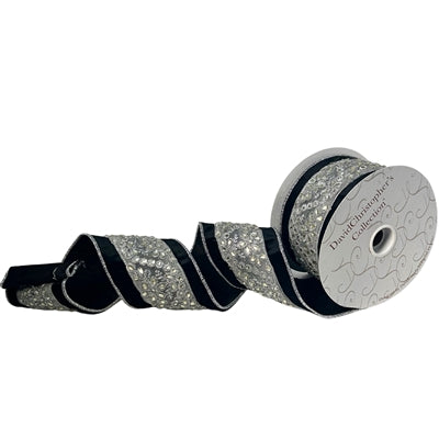 Royal Black Velvet Silver Jewel Center Ribbon 4”X10YD | IR