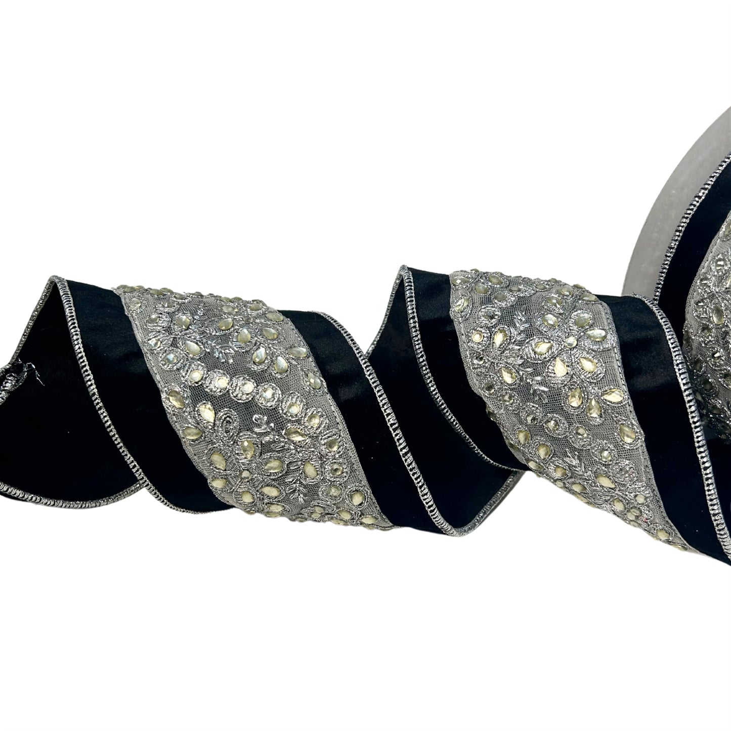 Royal Black Velvet Silver Jewel Center Ribbon 4"X10YD | IR