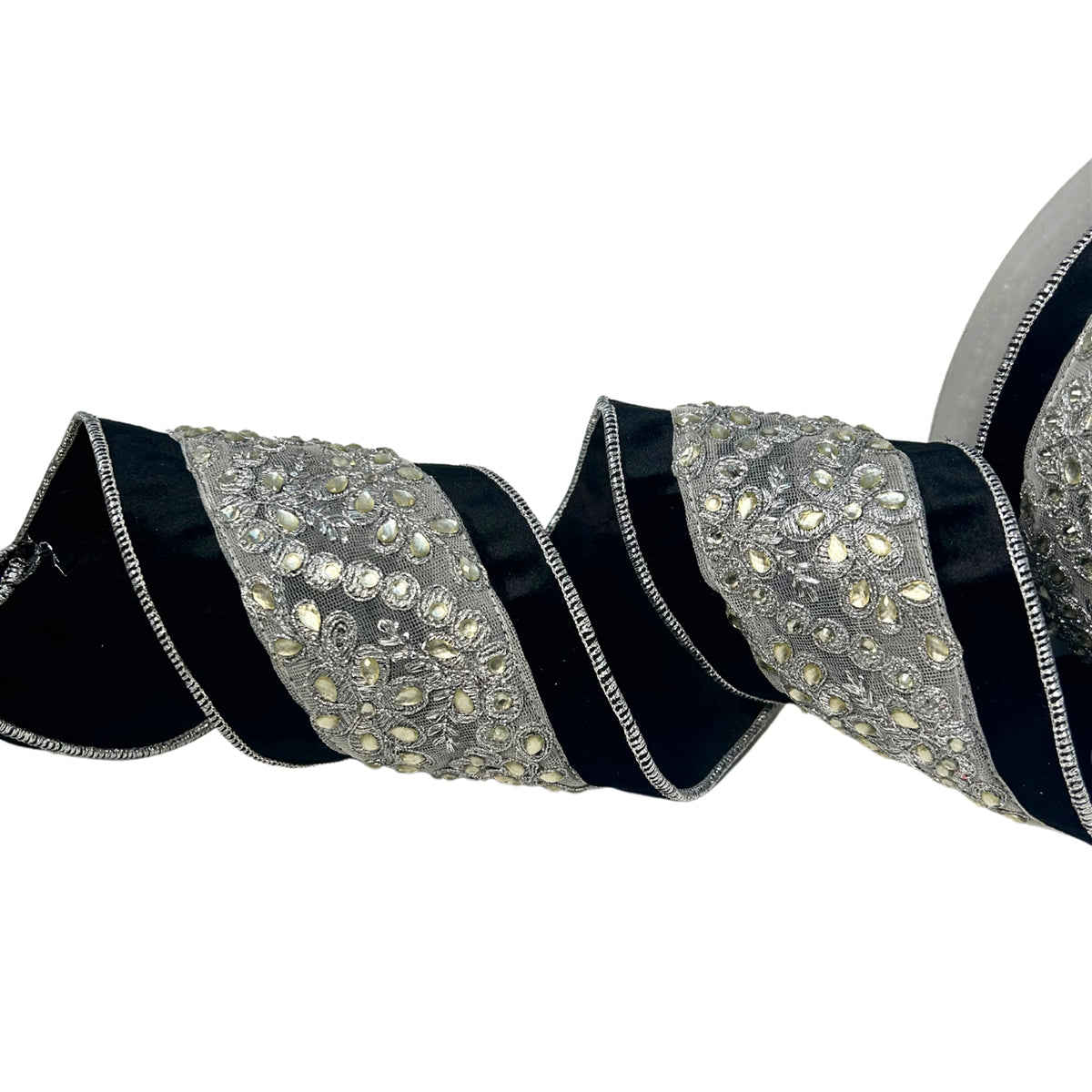 Royal Black Velvet Silver Jewel Center Ribbon 4"X10YD | IR