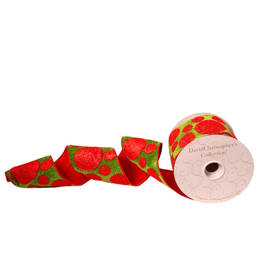 Green Velvet w/ Fuzzy Red Dot Ribbon 4” x 10yd | IR