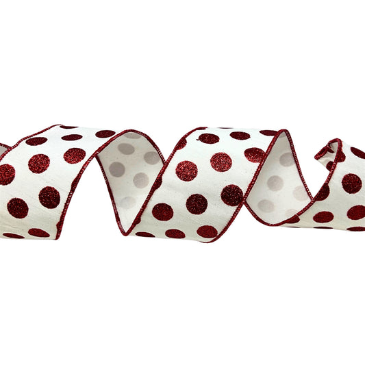 2.5'' X10 YD White Ribbon with Red Glitter Dots  Ribbon | IR