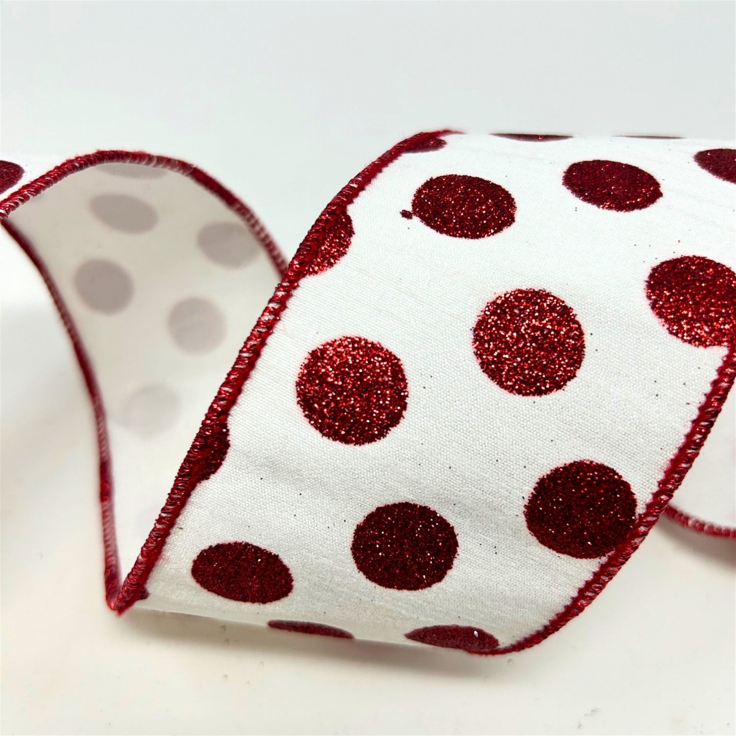 2.5'' X10 YD White Ribbon with Red Glitter Dots Ribbon | IR