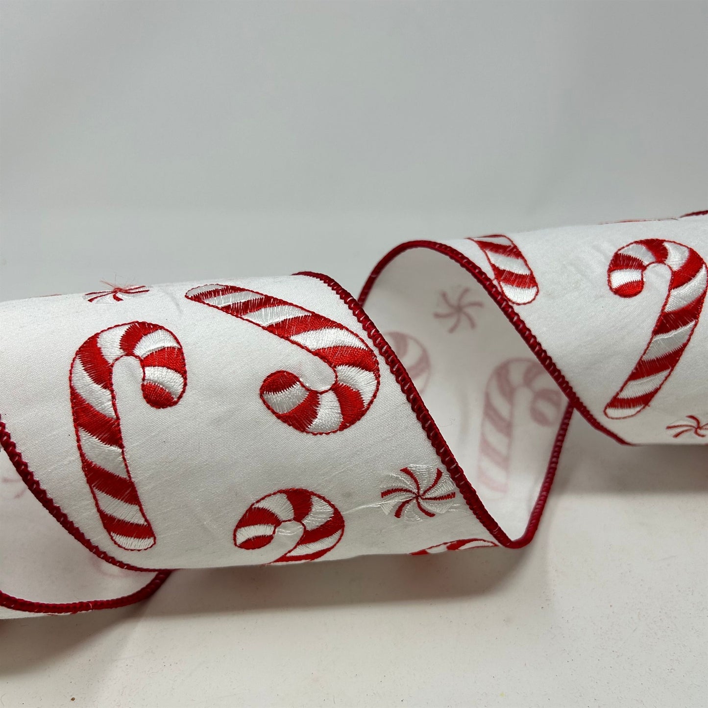 Candy Cane Embroidery on White Ribbon 4" x 10yd | IR