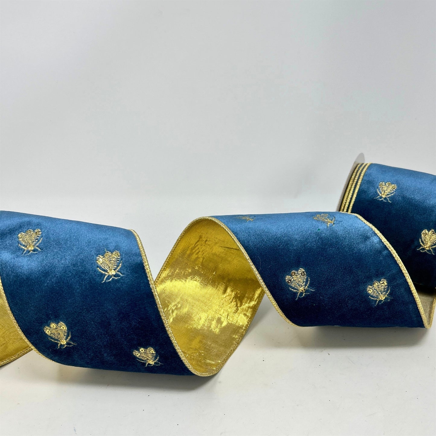 Gold Honey Bee Embroidery on Blue Velvet Ribbon 4"X 10YD | IR