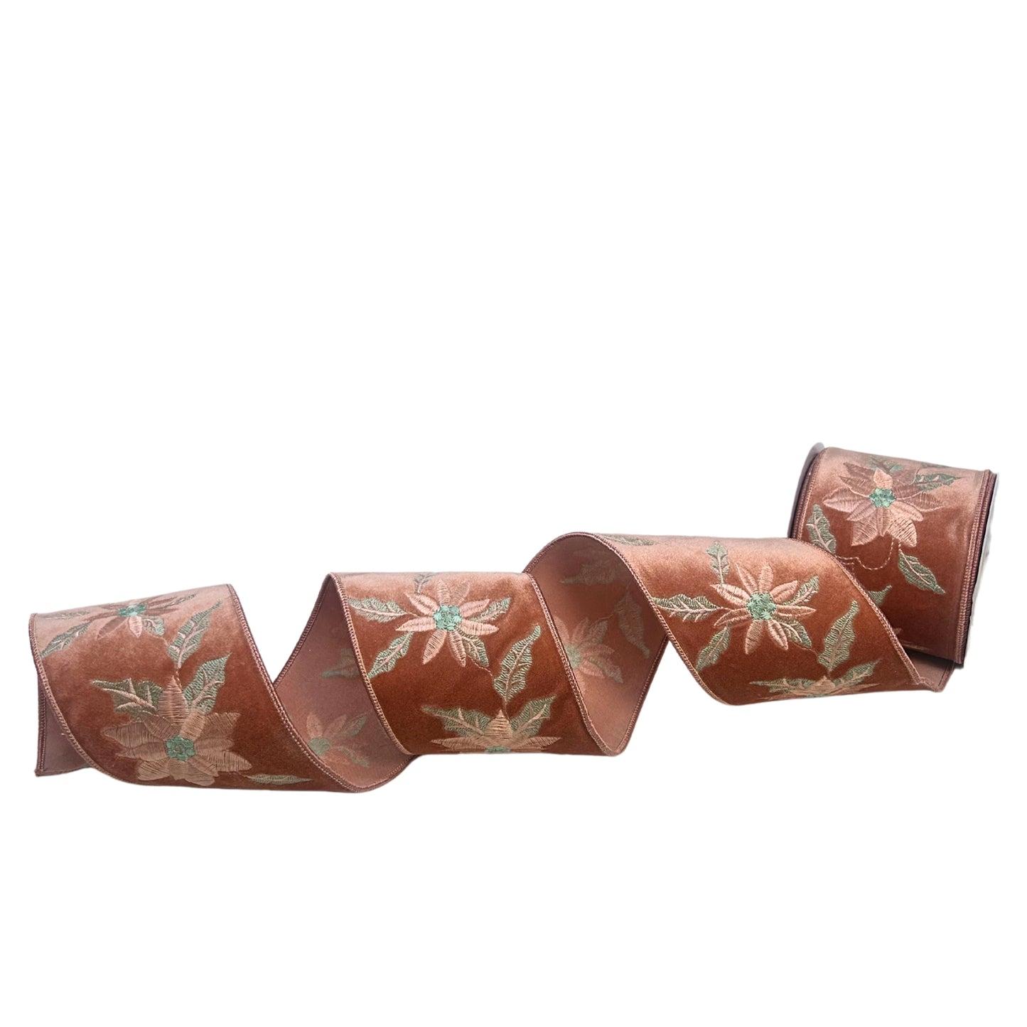 Pink/Mint Poinsettia on Rose Pink Velvet Ribbon 4” x 5yd | IR