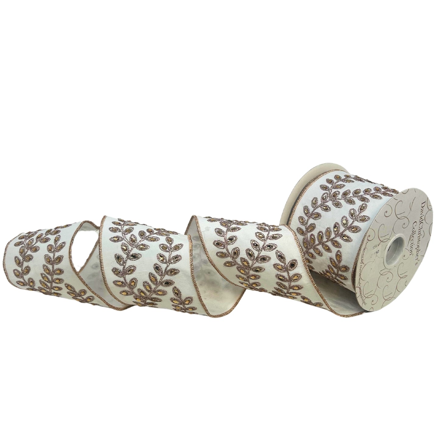 Rose Gold Jeweled Leaf Design on White Faux Dupioni Ribbon 4” x 5yd | IR