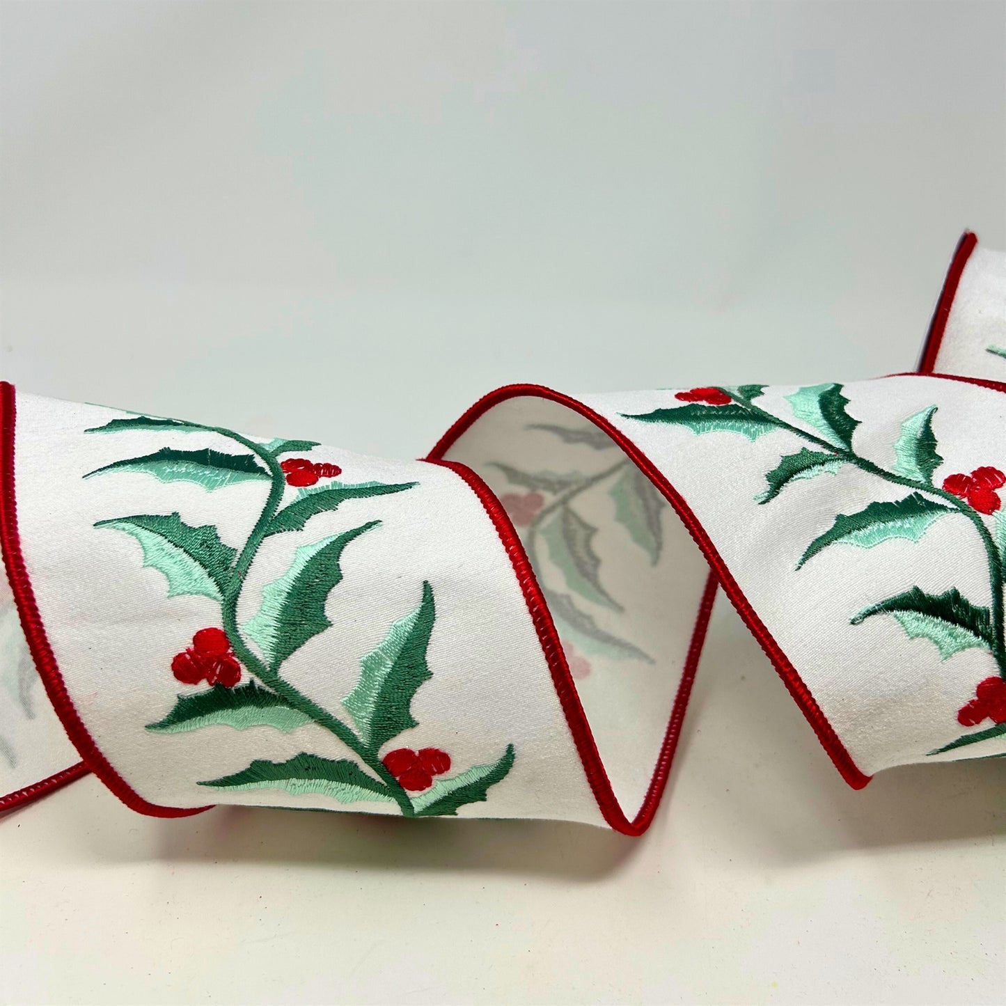 Sage Colored Holly Leaves Embroidery on White Faux Dupioni Ribbon 4" x 10yd | IR