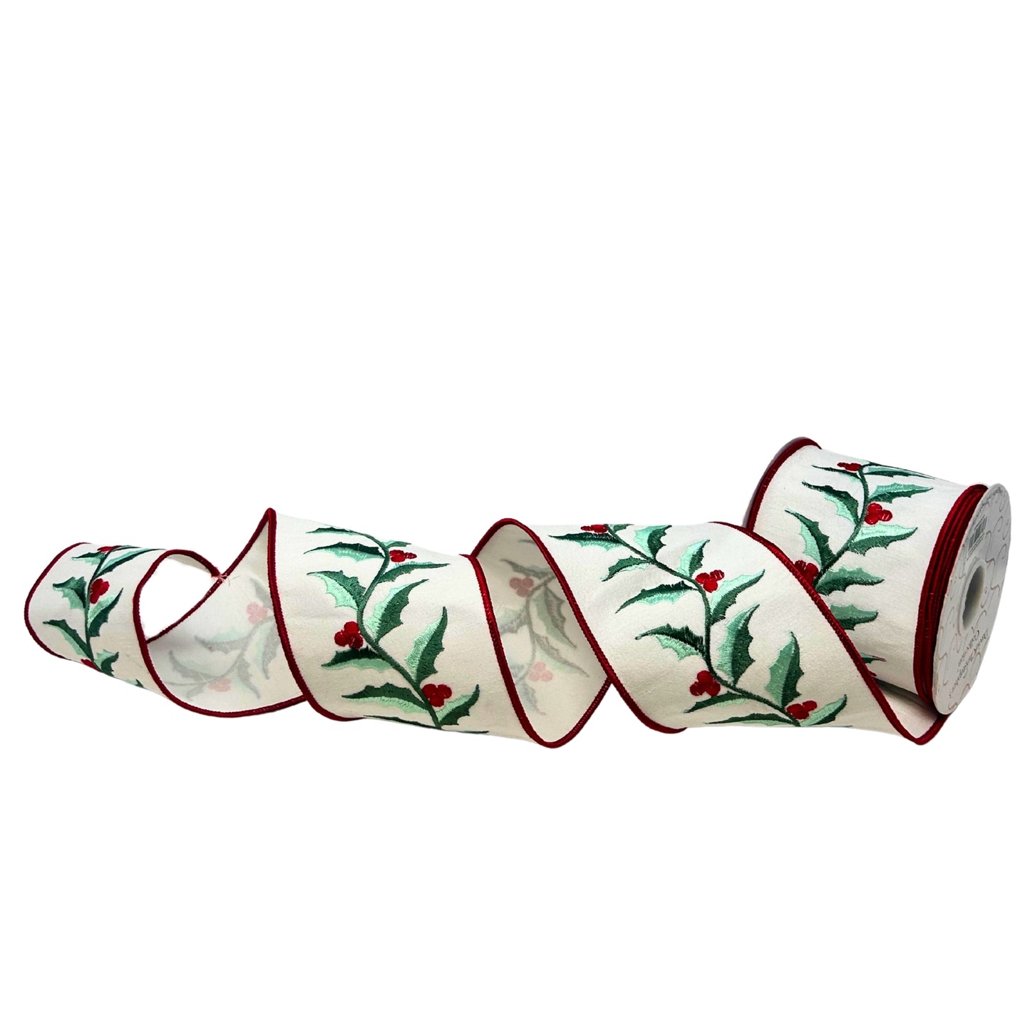Sage Colored Holly Leaves Embroidery on White Faux Dupioni Ribbon 4" x 10yd | IR