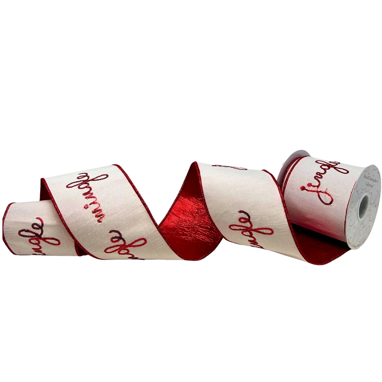 Jingle Mingle Embroidery on White Dupion Ribbon w/ Red Dupion back 4” x 10yd | IR