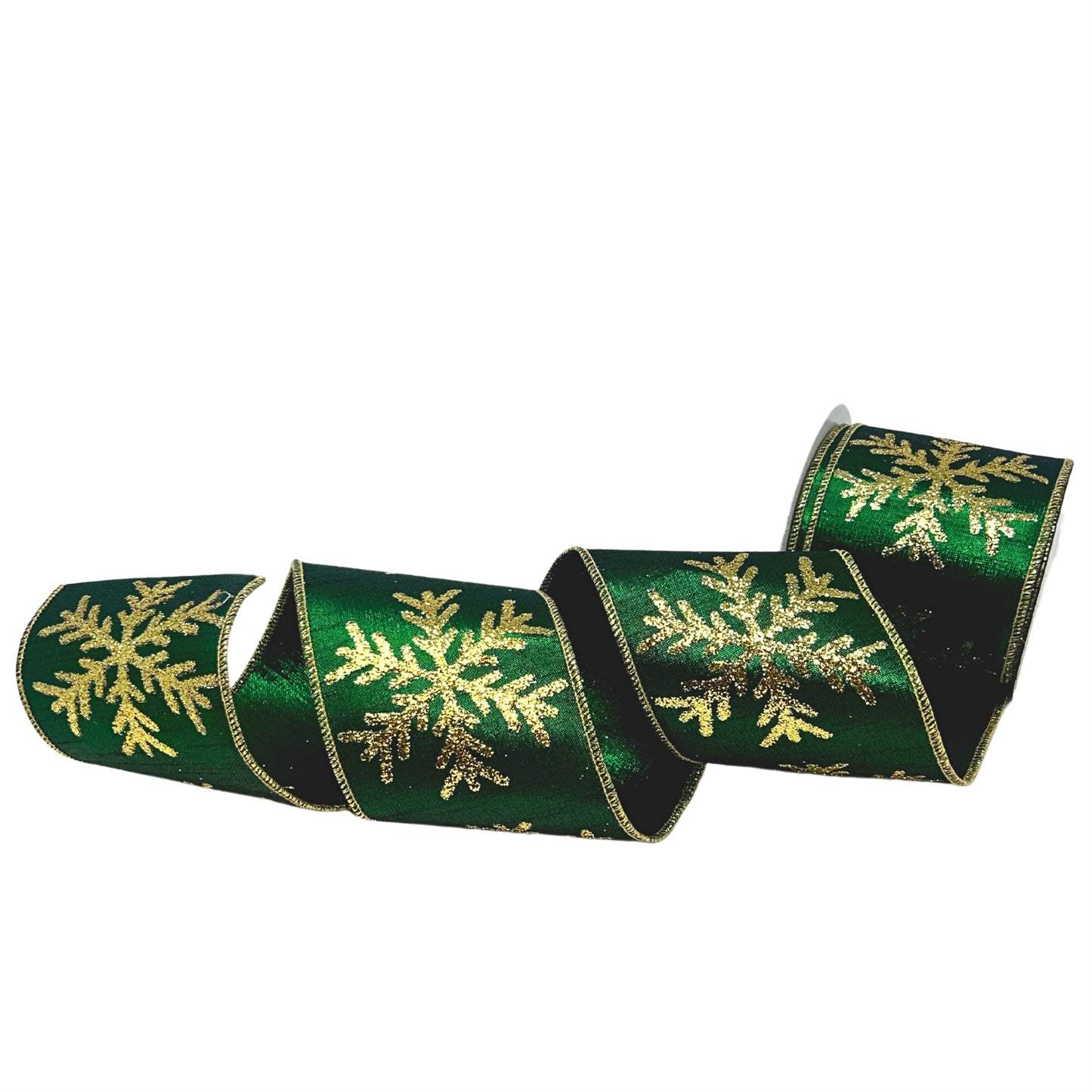 Gold Glitter Snowflake Print on Emerald Metallic Dupion Ribbon 4” x 10yd | IR