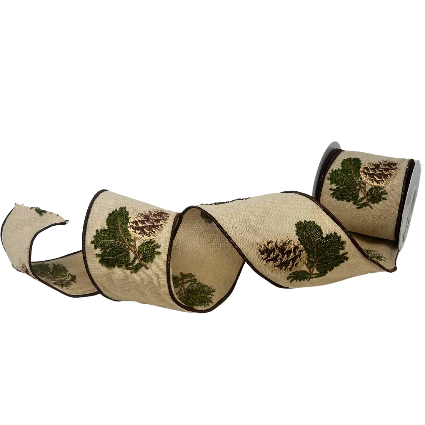 Pinecone w/ Leaves Embroidery on Natural Dupion Ribbon 4” x 10yd | IR