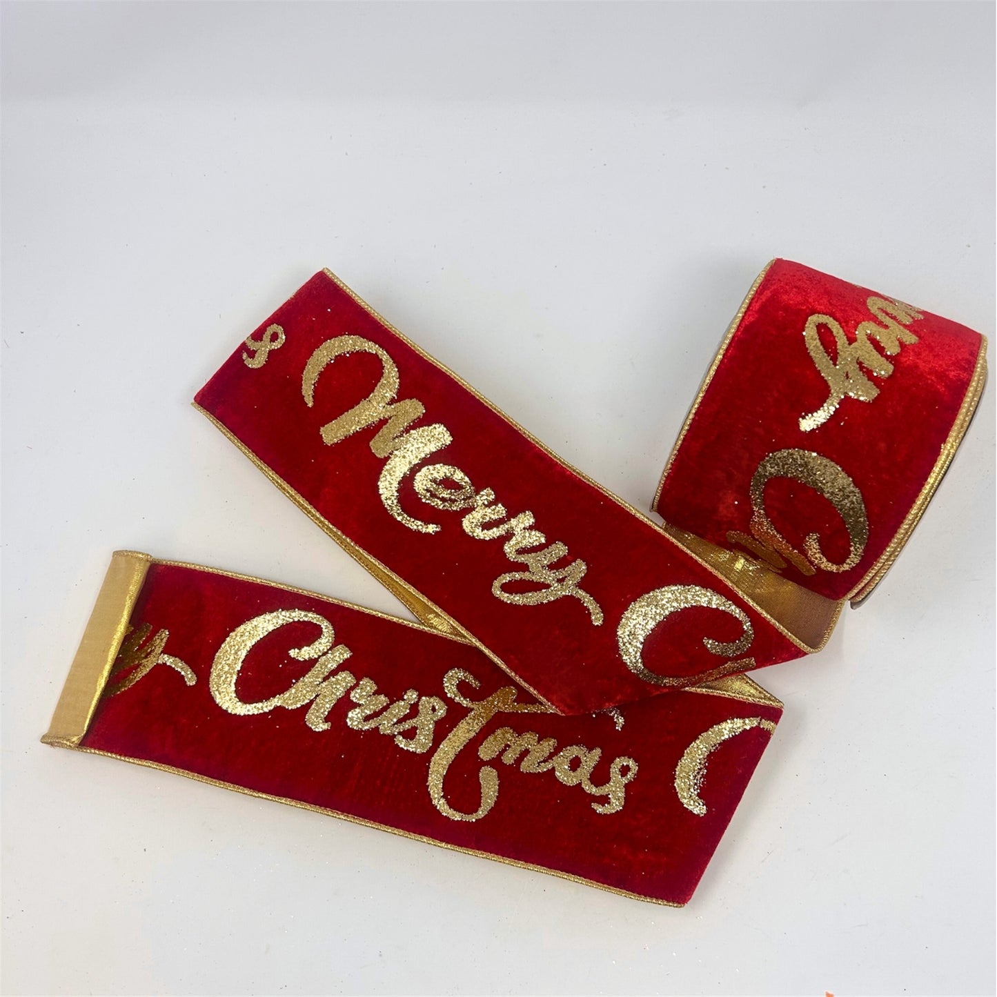 Gold Christmas Glitter Print on Red Velvet Ribbon w/ Gold lame back 4” x 10yd | IR
