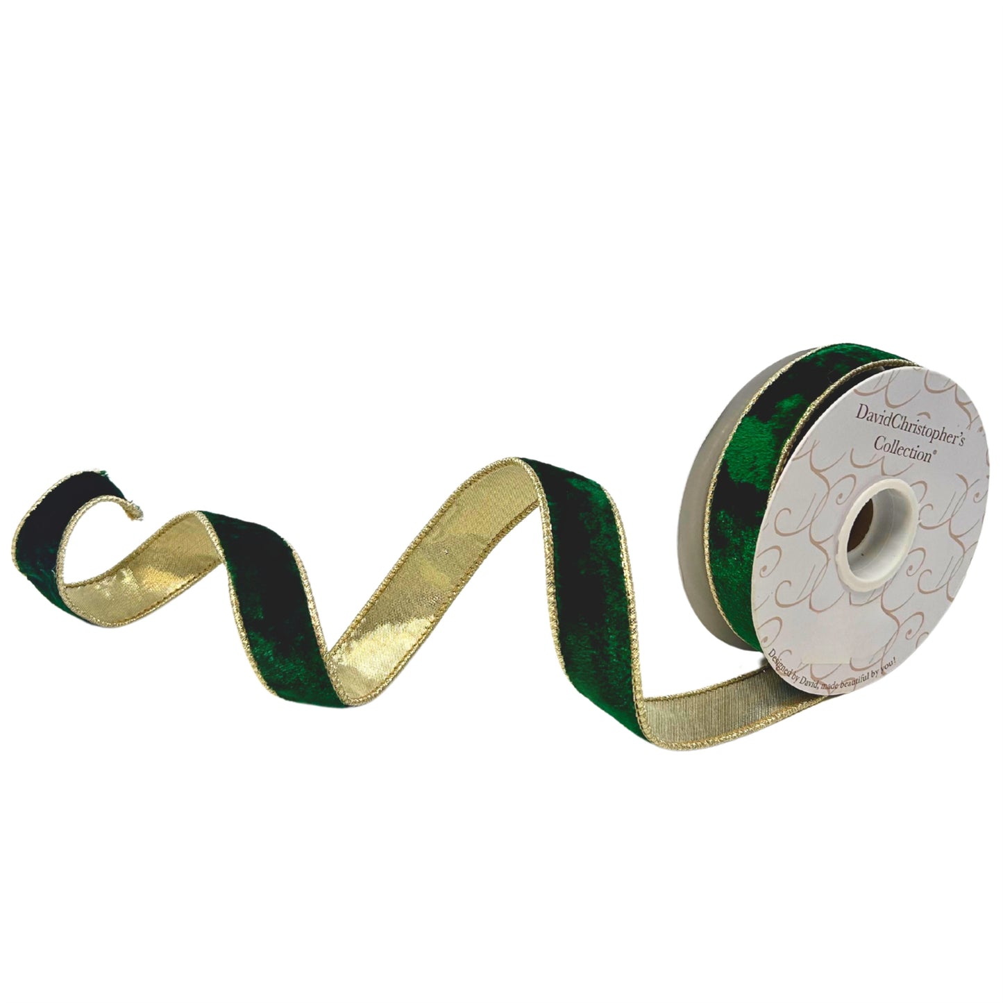 Green Velvet Narrow Ribbon w/ Gold lame back w/ wired edge 1" x 10yd | IR