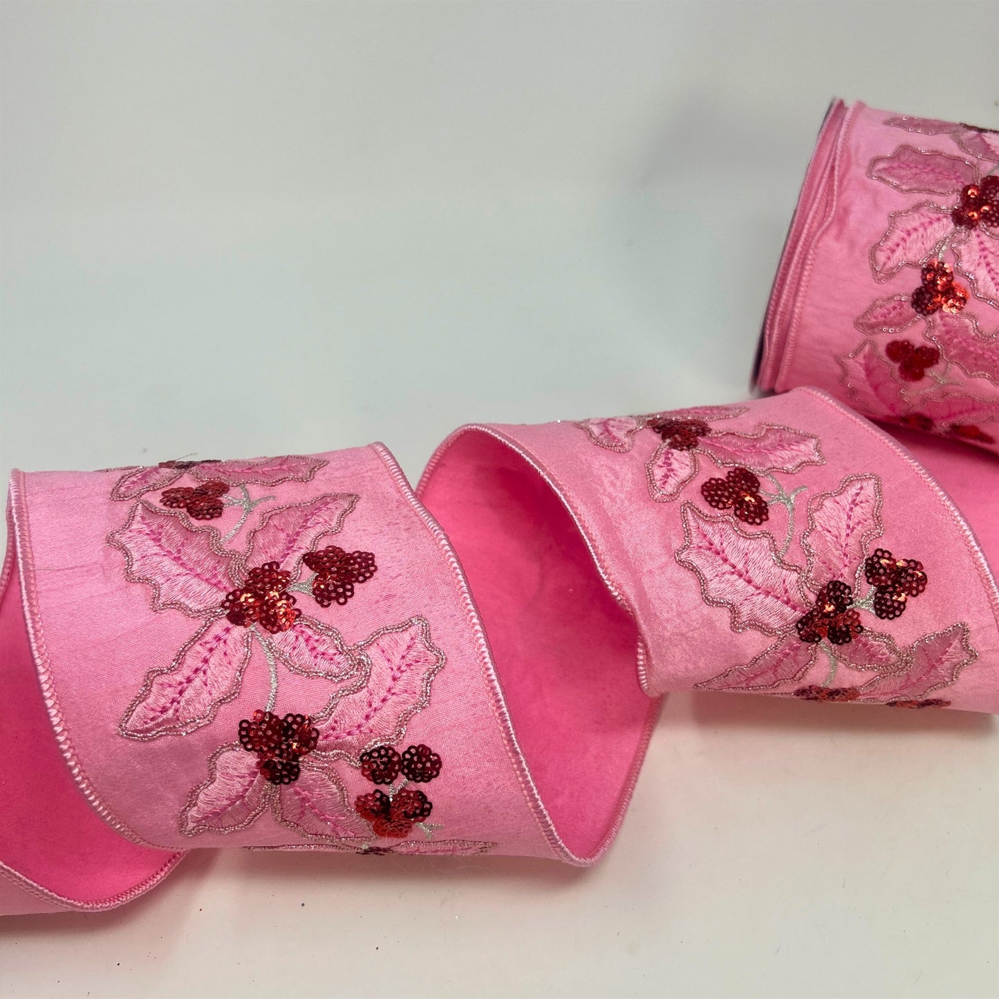 Holly Leaves Embroidery on Pink Dupion Ribbon 4” x 10yd | IR