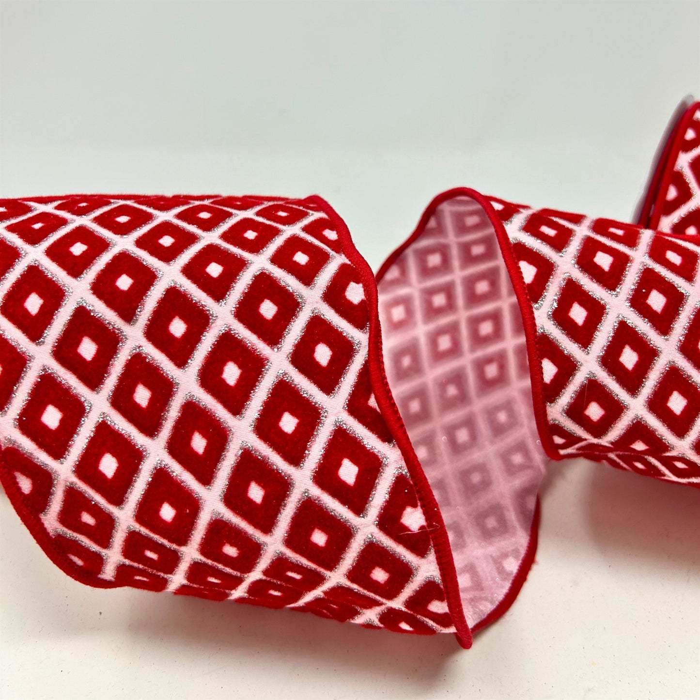 Red Flocked Diamond Pattern on Pink Ribbon 4" x 10yd | IR