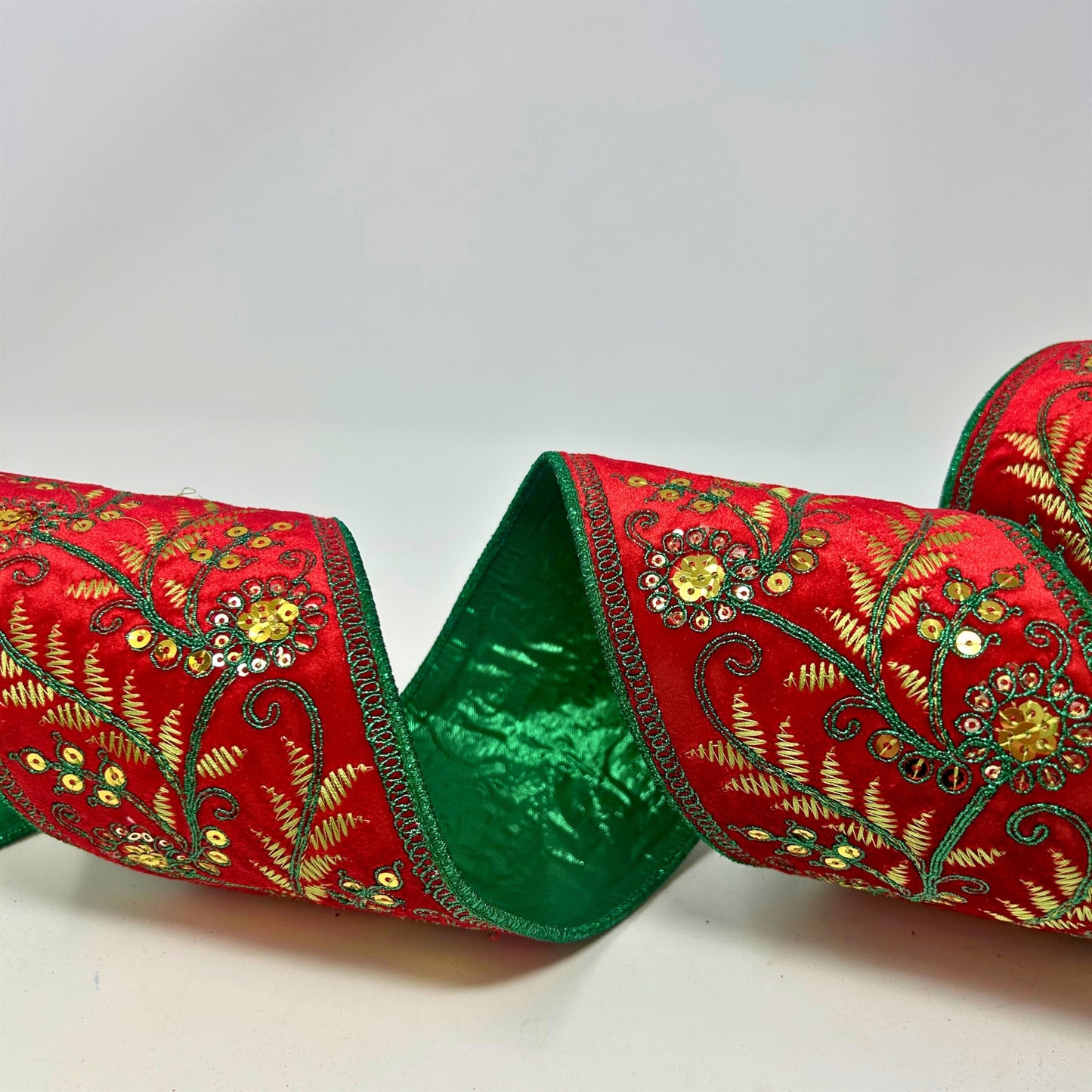 Green Fern Embroidery w/ Gold Sequins on Red Velvet Ribbon w/ Green back 4” x 10yd | IR