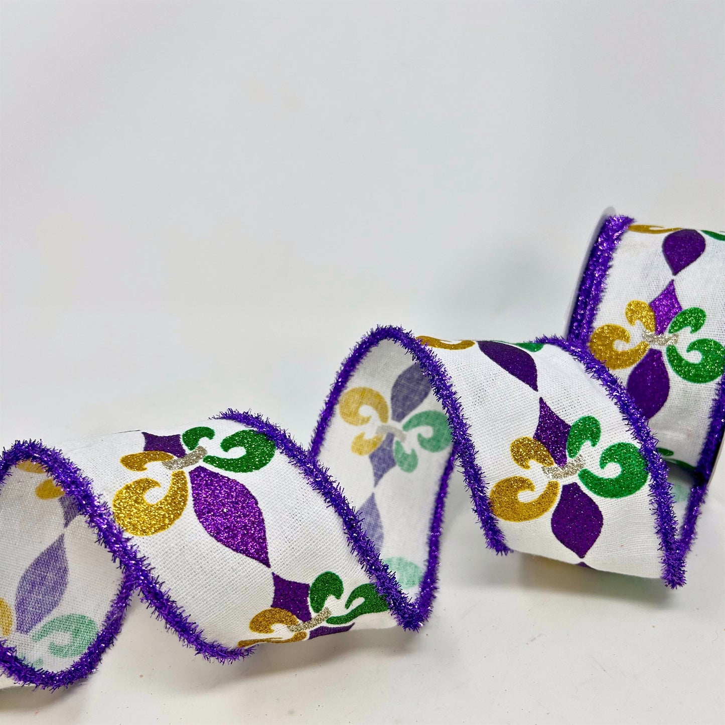 Mardi Gras Fleur-De-Lis Glitter Print Ribbon 4” x 10yd | IR
