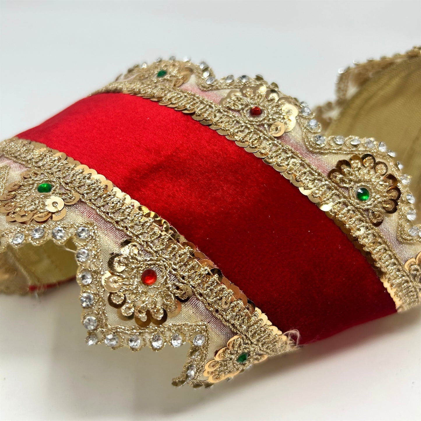 Gold Trim w/ Jewels on The Edge Of Red Velvet Ribbon 4” x 5yd | IR
