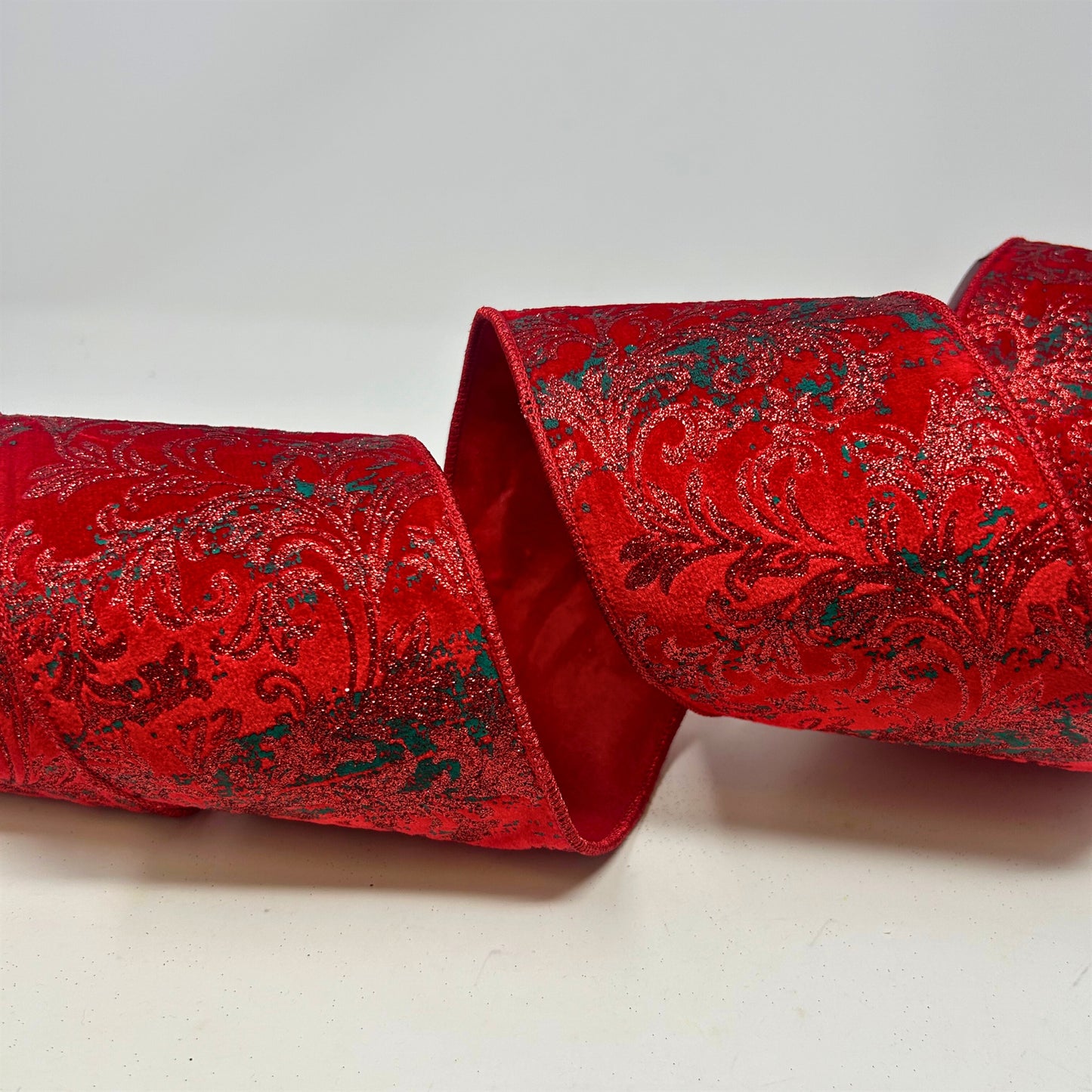 Green And Red Acanthus Design on Red Velvet Ribbon 4" x 10yd | IR