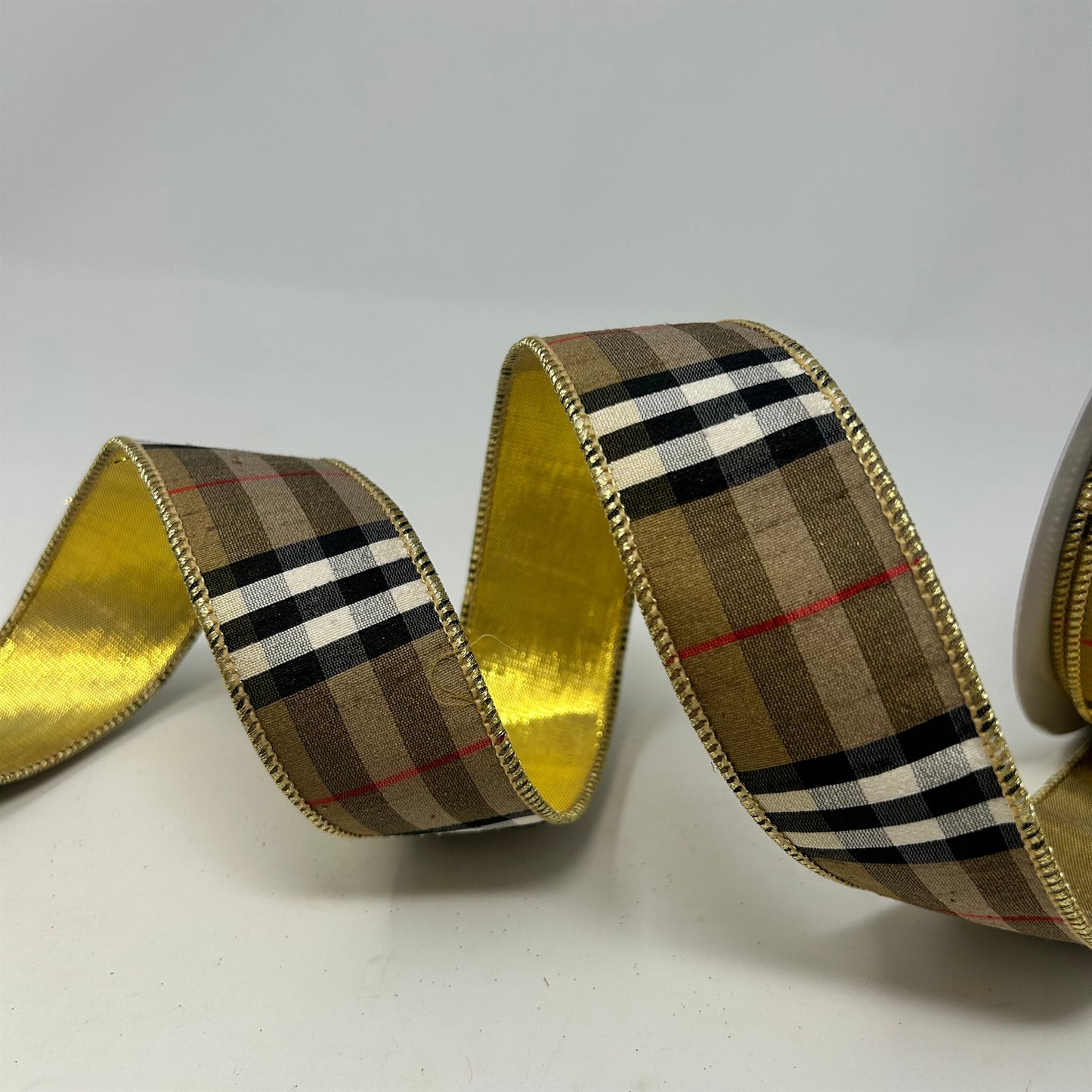 Berry Black and Tan Plaid Ribbon w/ Gold back 1.5" x 10yd | IR
