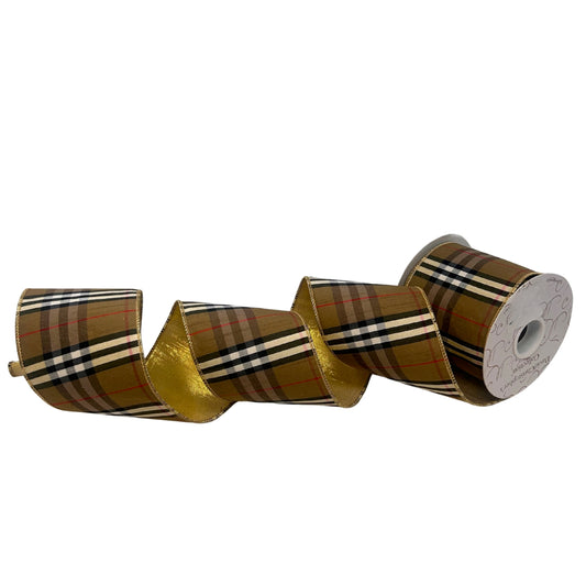 Berry Black and Tan Plaid Ribbon w/ Gold back 4" x 10yd | IR