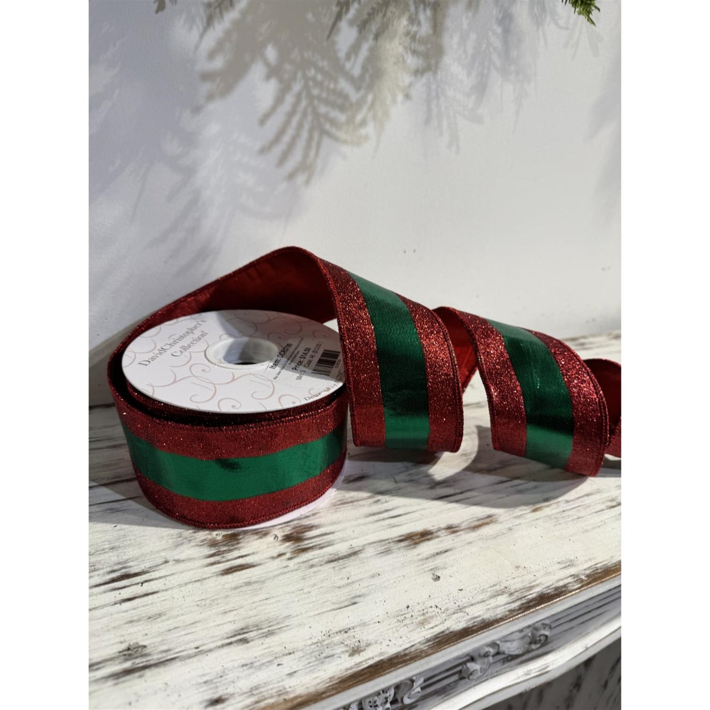 Red Glitter Stripe on Green lame Ribbon w/ Red back 2.5” x 10yd | IR