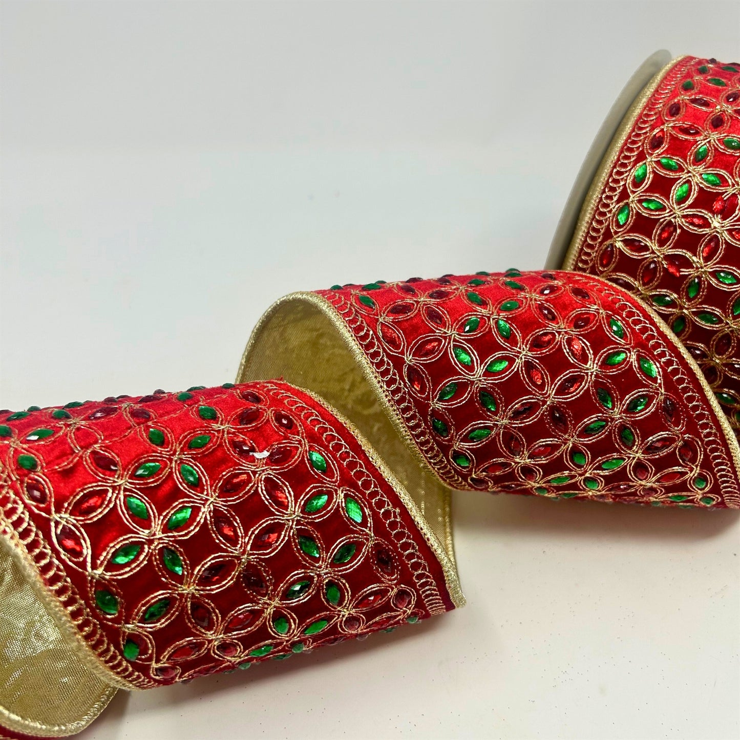 Heavy Jewel Embroidery Red/Green/Gold Ribbon on Red Velvet 4" x 10yd | IR