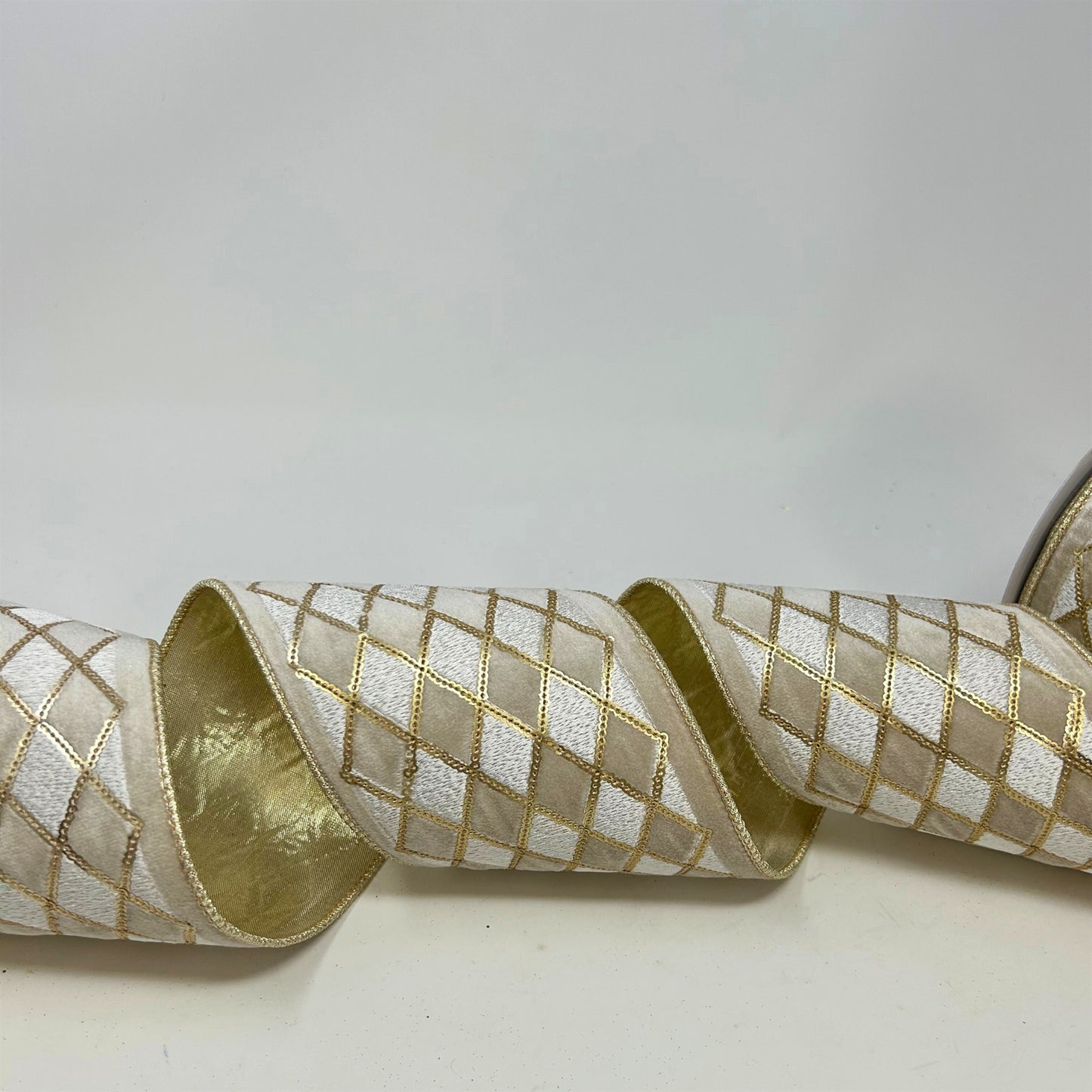Gold Diamond Embroidery on Ivory Velvet Ribbon w/ Gold lame back 4” x 5yd | IR