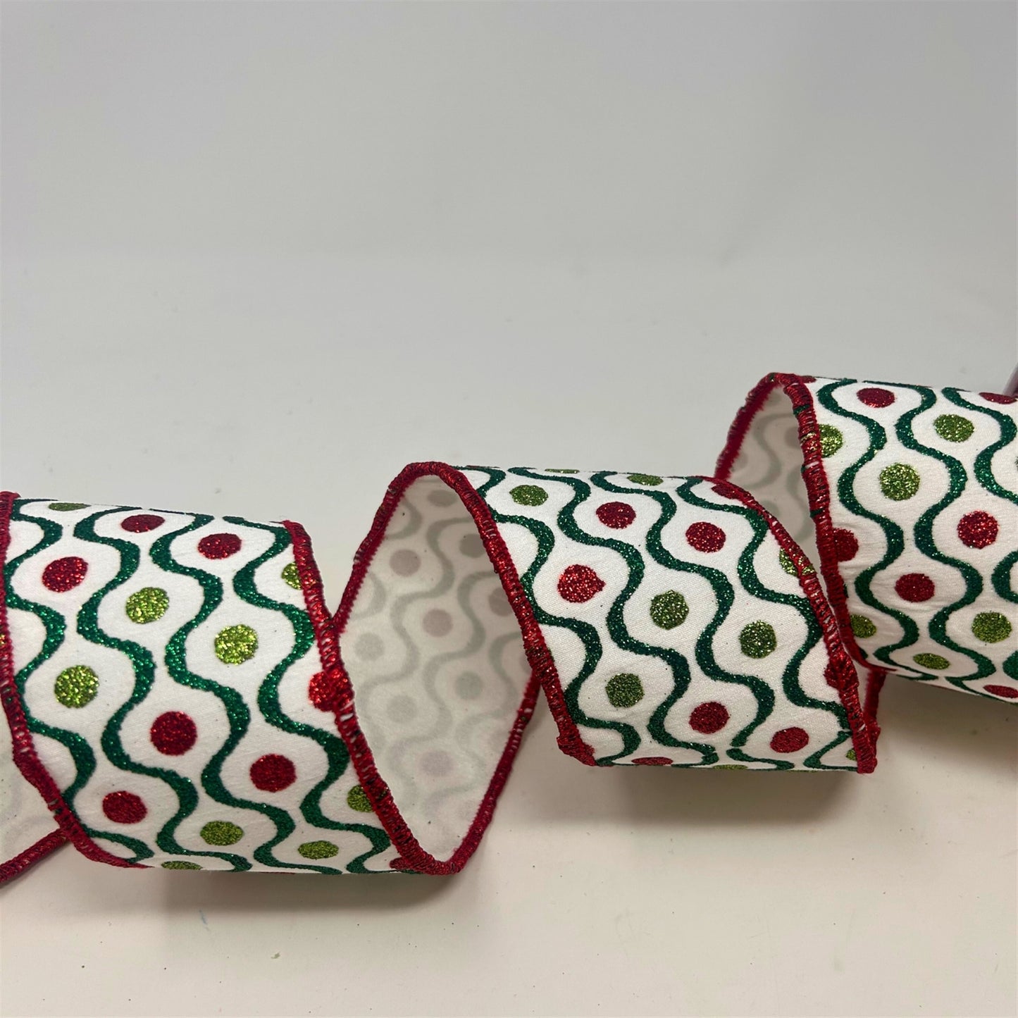 Retro Glitter Print Red/Green on White Ribbon 2.5" x 10yd | IR