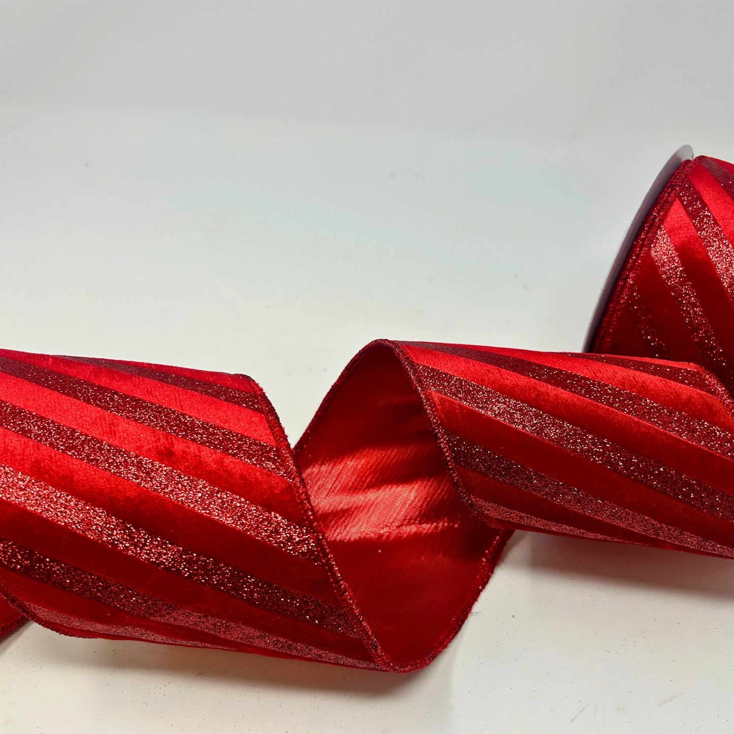 Red Glitter Stripe on Red Velvet Ribbon 4” x 10yd | IR