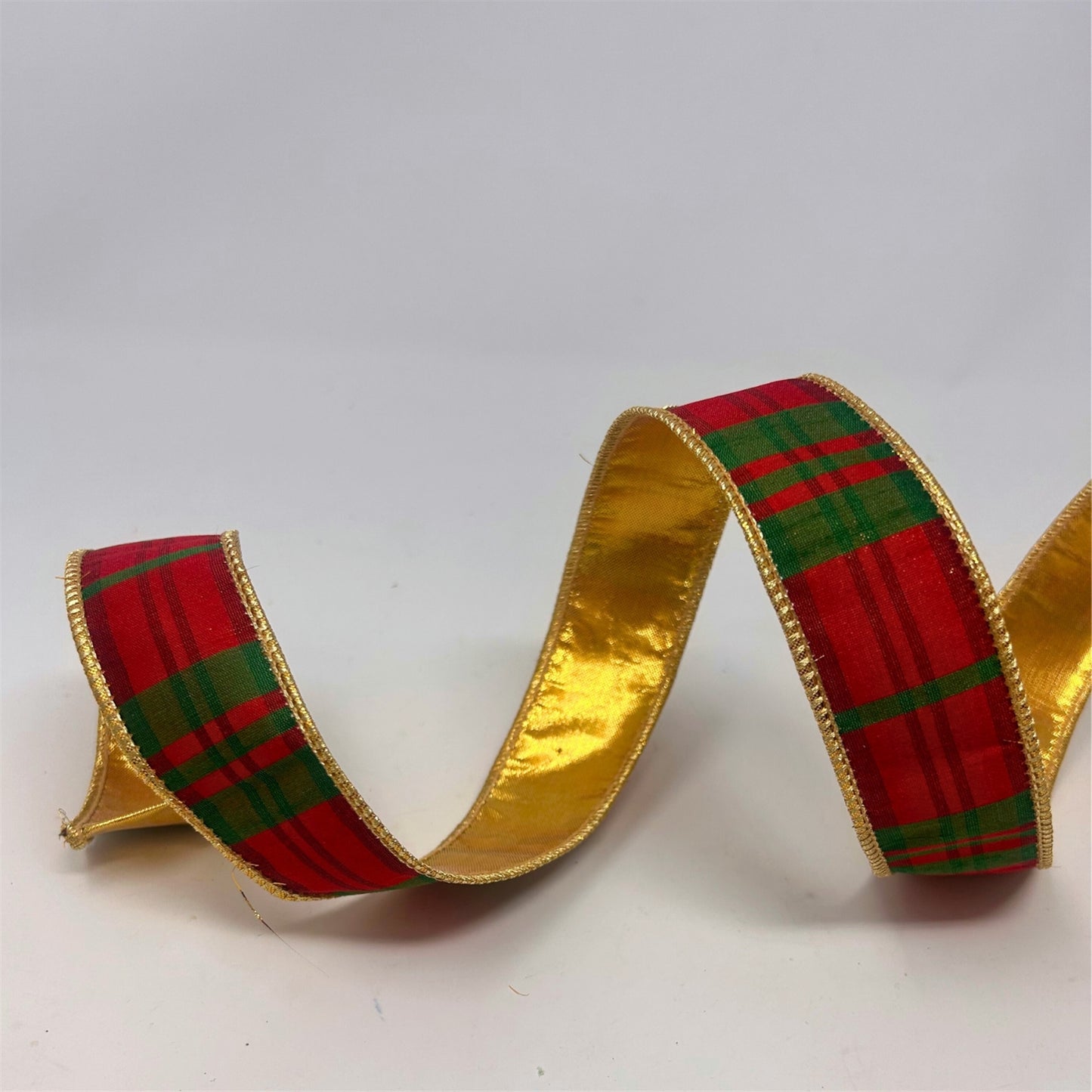 Modern Christmas Plaid Red/Green Ribbon w/ gold back 1.5" x 10yd | IR