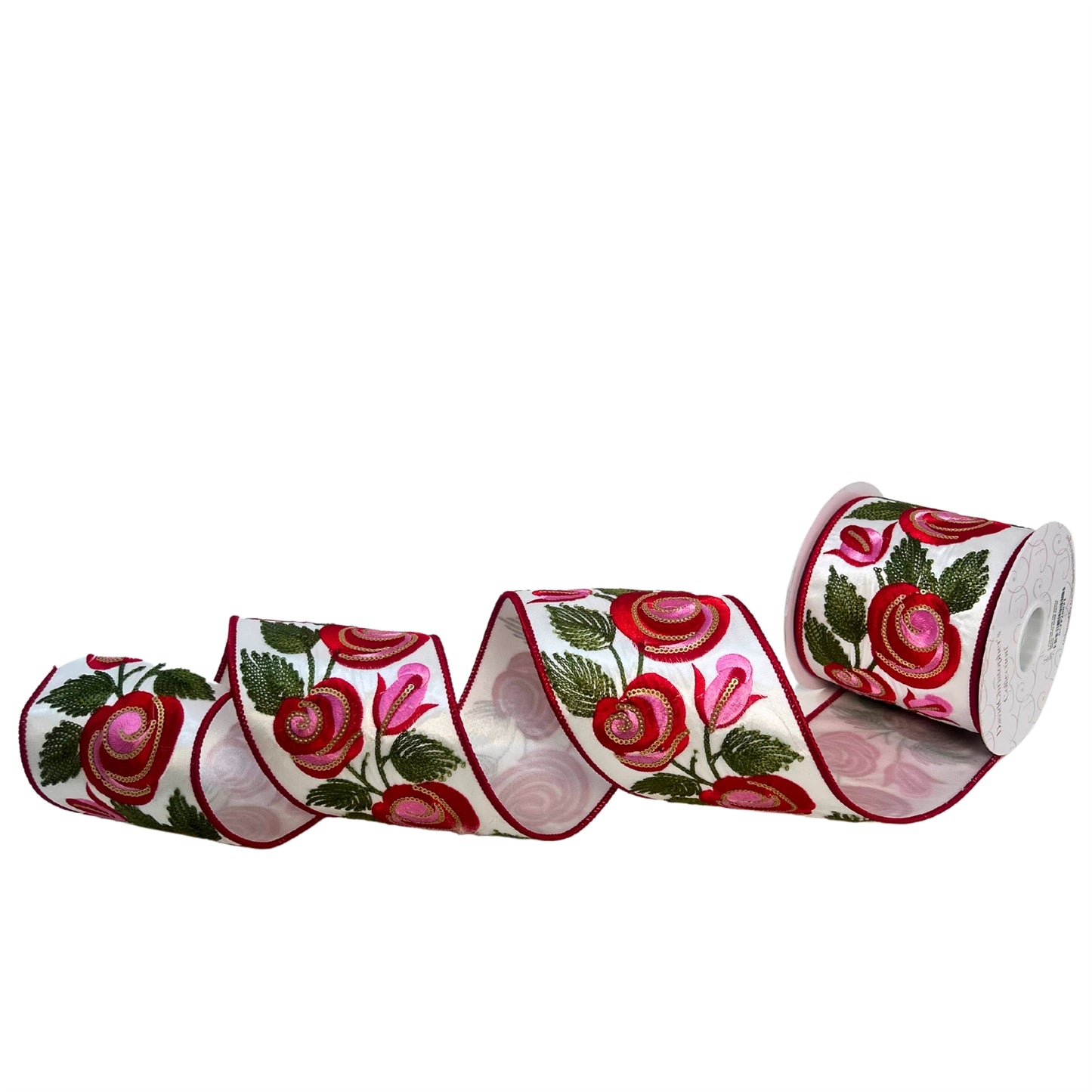 Sequins Floral Print Embroidery on White Satin Ribbon 4” x 10yd | IR