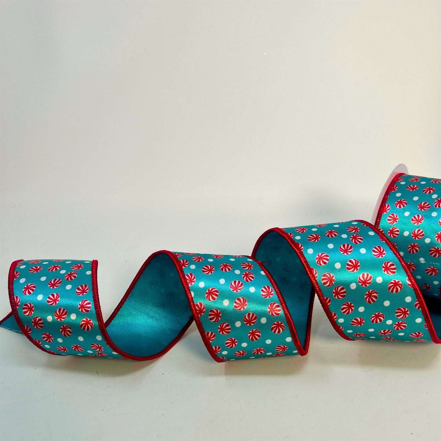 Peppermint Candy on Aqua Satin Ribbon 2.5" x 10yd | IR
