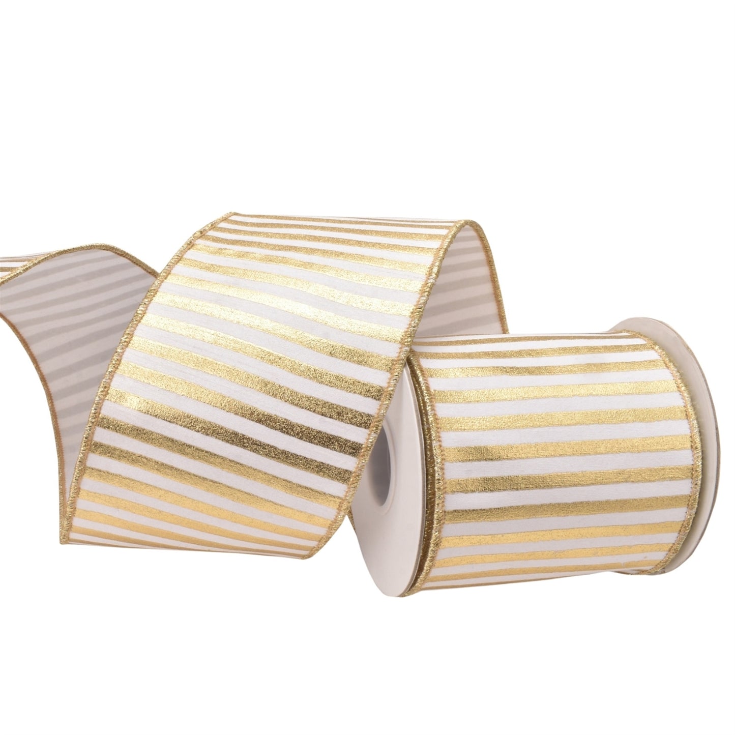 Metallic Gold Stripes on White Ribbon w/ Gold Back 4" x 10yd | IR