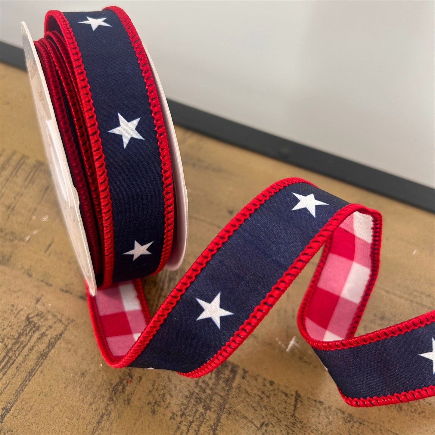 1” X 10Yd Print On Navy Blue Dupion With White/Red Checks Back And Red Edge